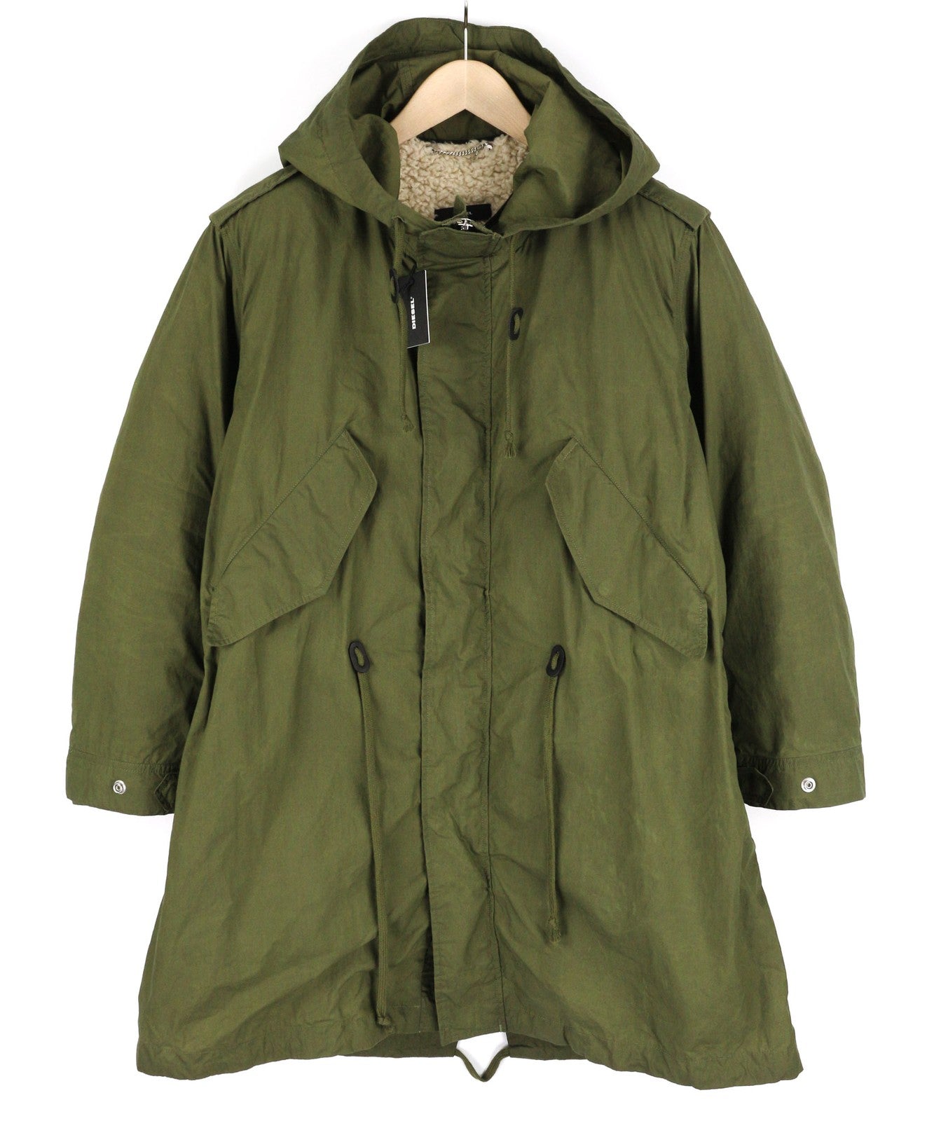 DIESEL W-Terry Women Jacket S Green Parka Zip Hooded Sherpa Lined RRP€395