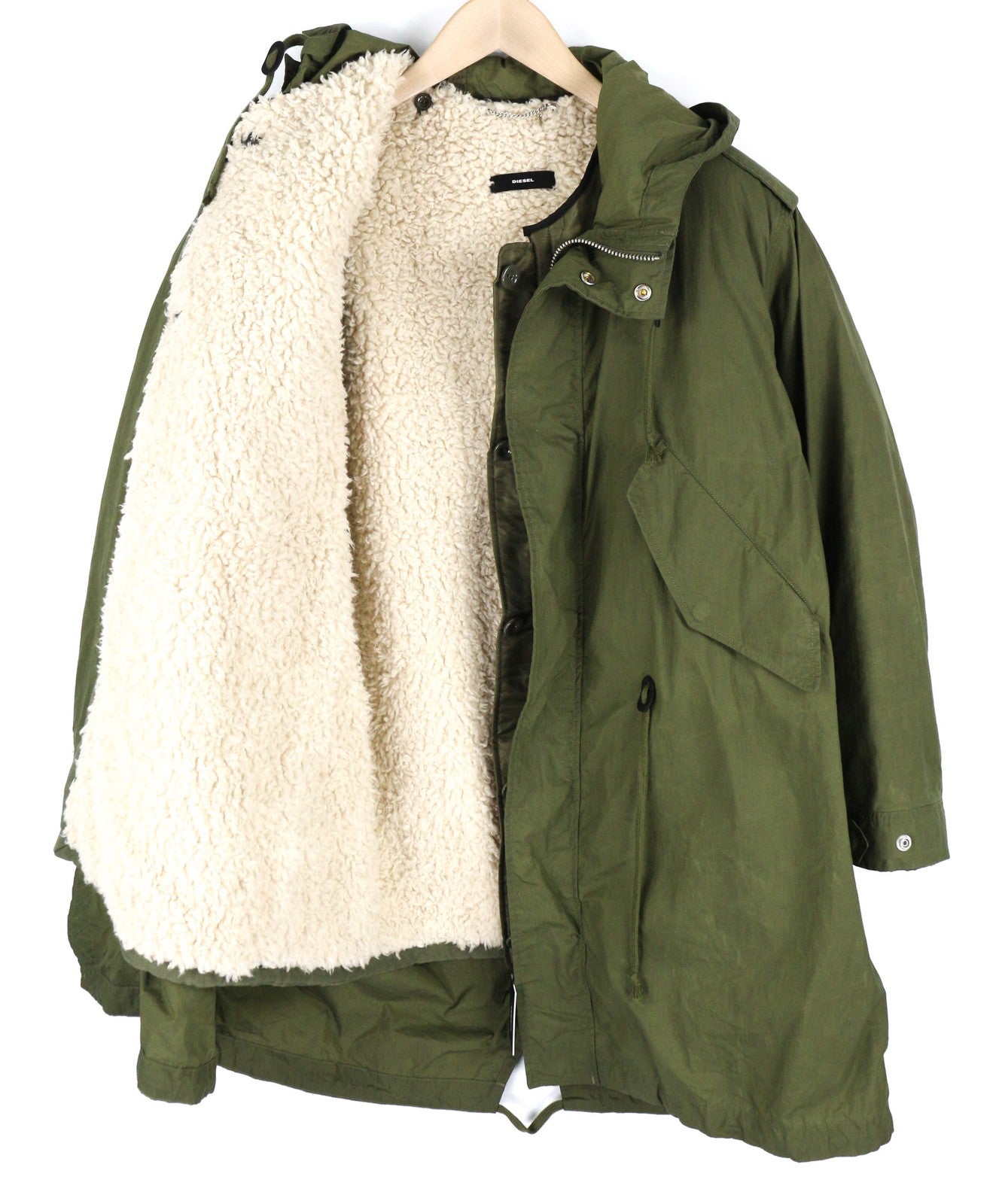 DIESEL W-Terry Women Jacket S Green Parka Zip Hooded Sherpa Lined RRP€395
