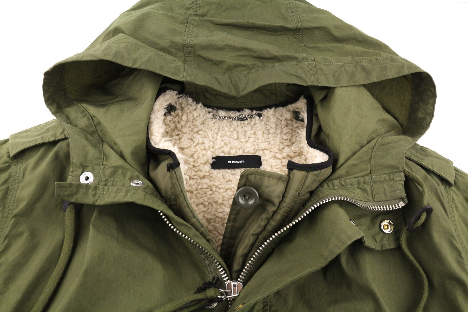 DIESEL W-Terry Women Jacket S Green Parka Zip Hooded Sherpa Lined RRP€395