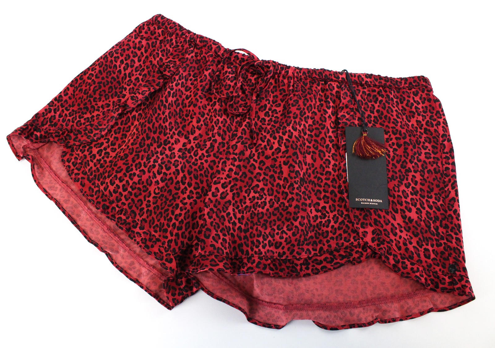 MAISON SCOTCH Women Shorts L Red Cheetah Patterned Frills Cotton Blend Pull On