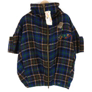 DESIGUAL Women Coat ~L Short Sleeve Wool Blend High Neck Checked Logo Pockets