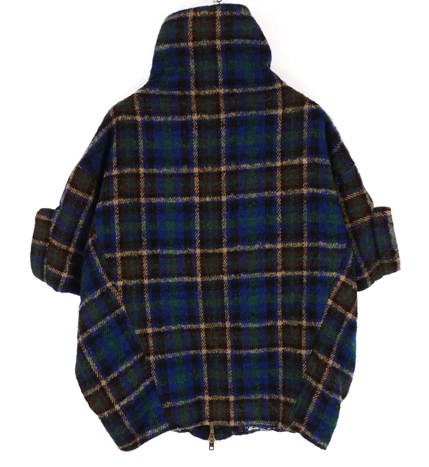 DESIGUAL Women Coat ~L Short Sleeve Wool Blend High Neck Checked Logo Pockets