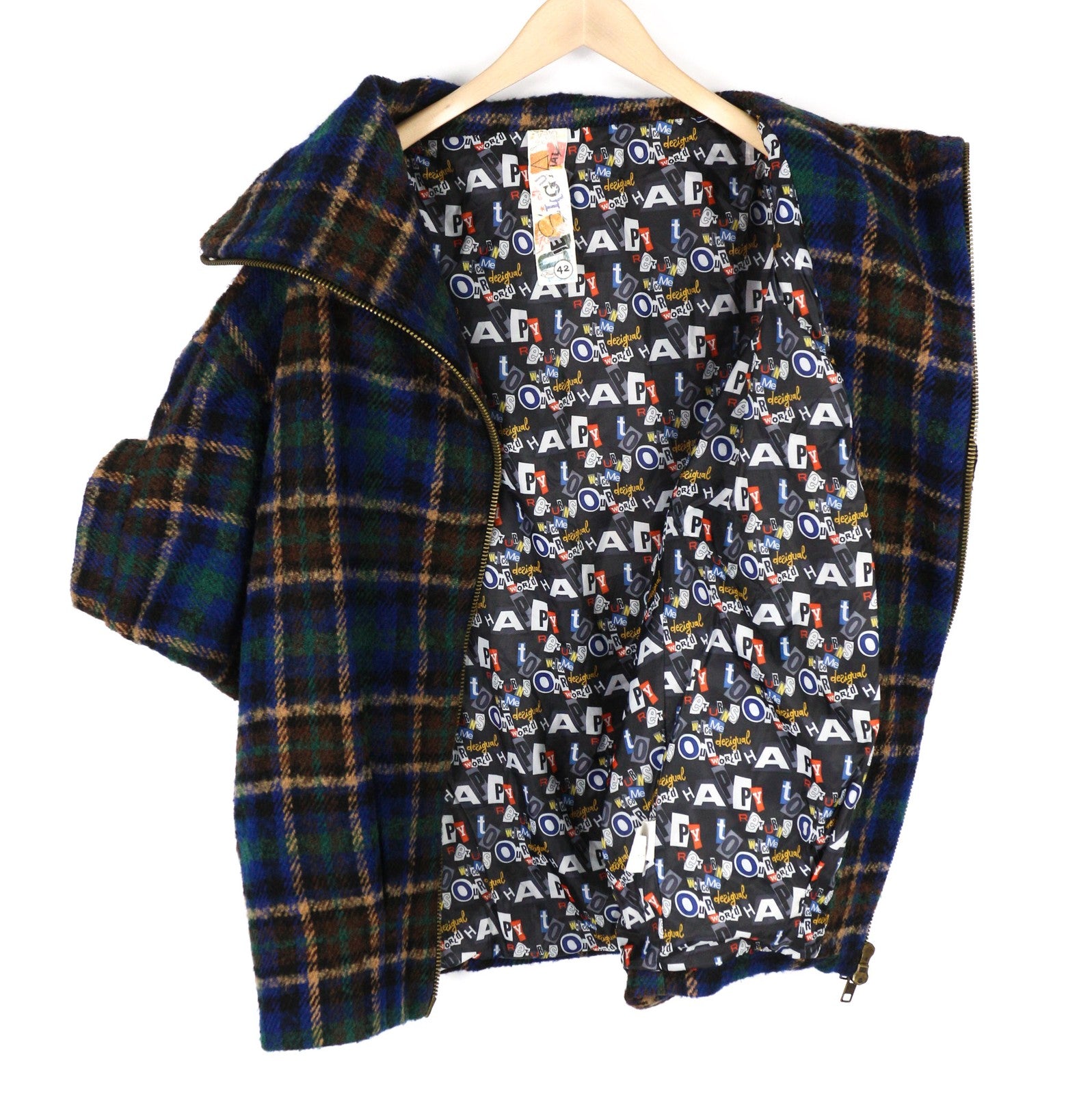 DESIGUAL Women Coat ~L Short Sleeve Wool Blend High Neck Checked Logo Pockets