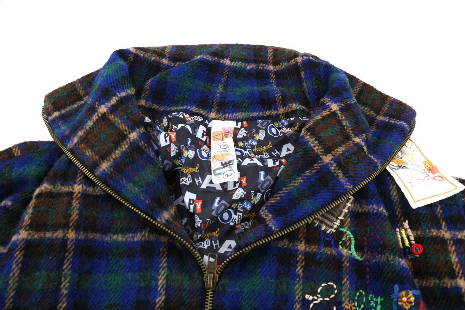 DESIGUAL Women Coat ~L Short Sleeve Wool Blend High Neck Checked Logo Pockets