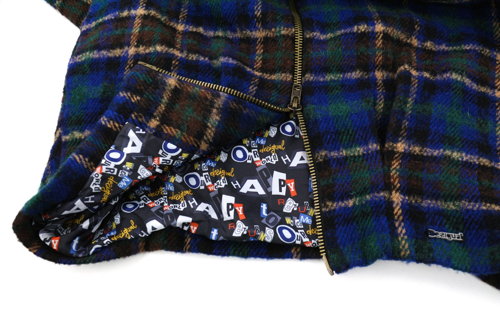 DESIGUAL Women Coat ~L Short Sleeve Wool Blend High Neck Checked Logo Pockets