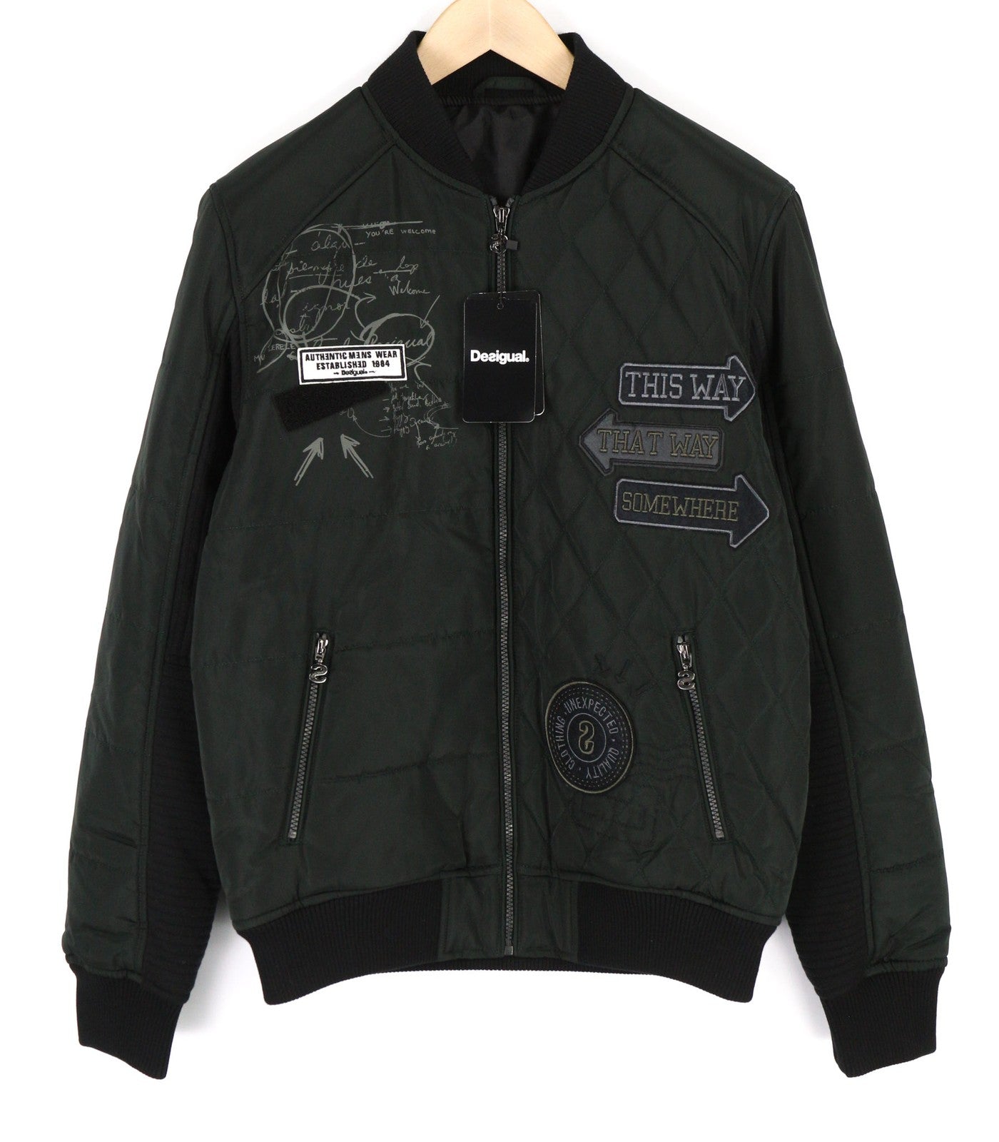 DESIGUAL Men Jacket L Bomber Insulation Patches Logo Zipper Pockets Lined Black