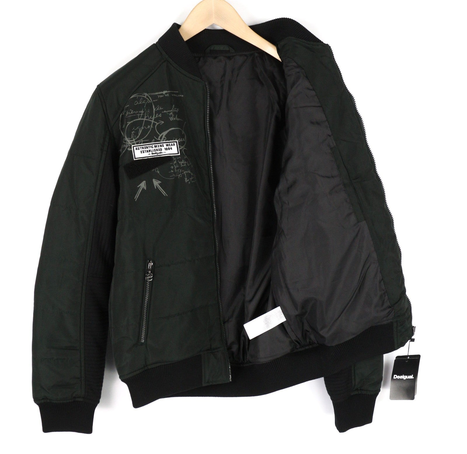 DESIGUAL Men Jacket L Bomber Insulation Patches Logo Zipper Pockets Lined Black