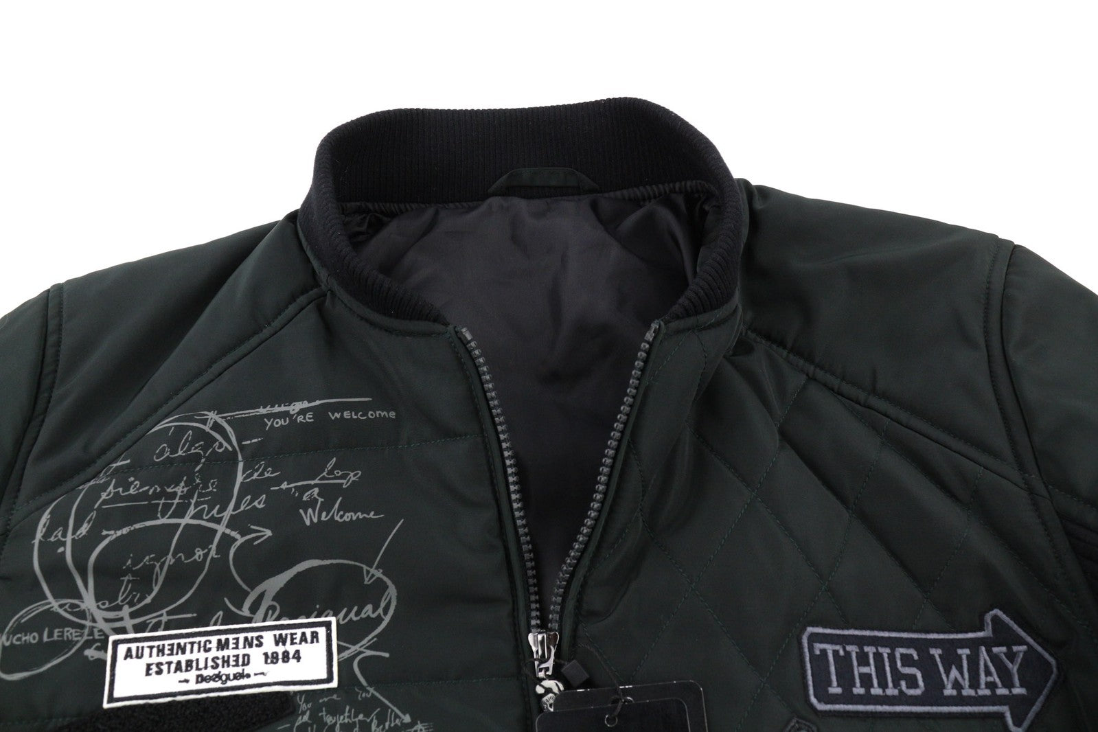 DESIGUAL Men Jacket L Bomber Insulation Patches Logo Zipper Pockets Lined Black