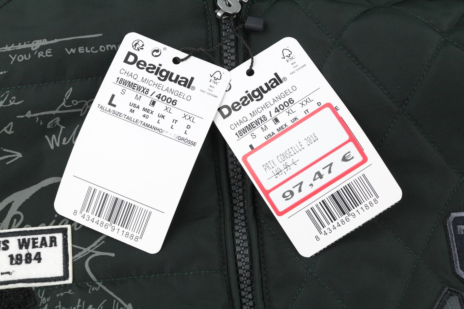 DESIGUAL Men Jacket L Bomber Insulation Patches Logo Zipper Pockets Lined Black