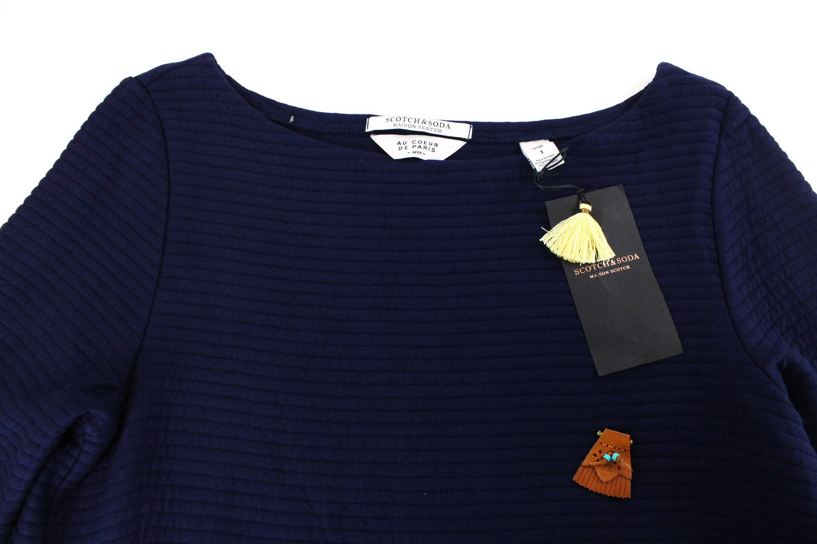 MAISON SCOTCH Women Dress S Blue Long Sleeved Round Neck Ribbed Stretch