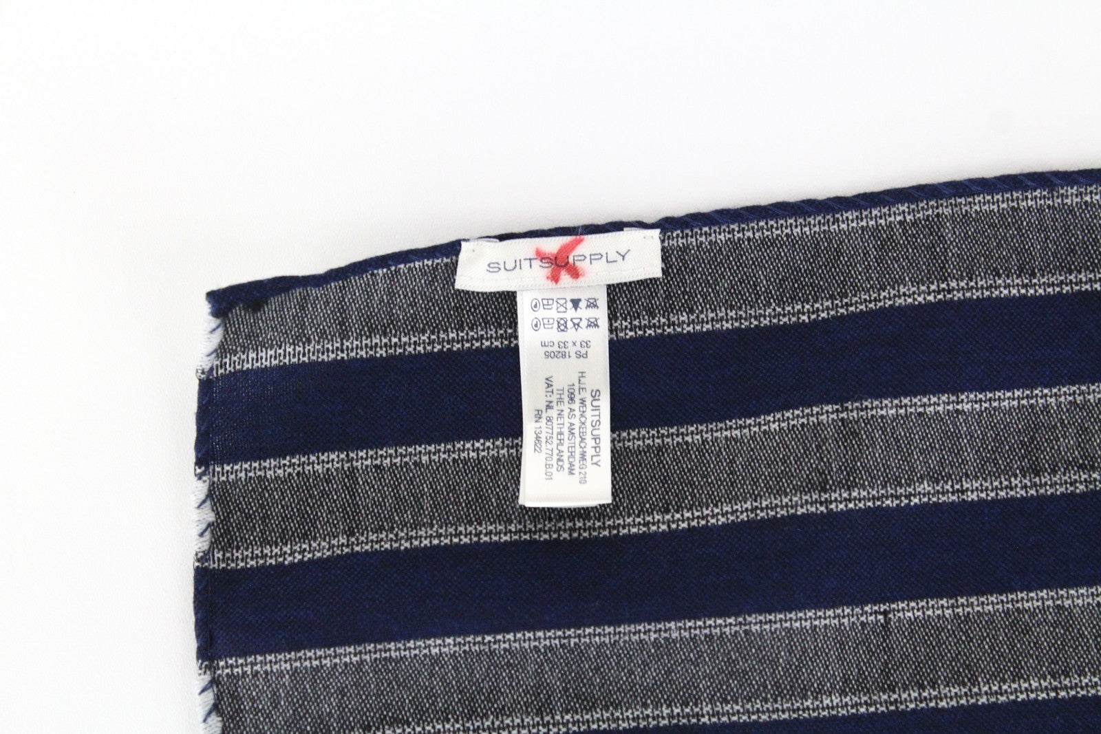 SUITSUPPLY Men's Blue Grey Pocket Square Wool Silk Striped 33 x 33 cm