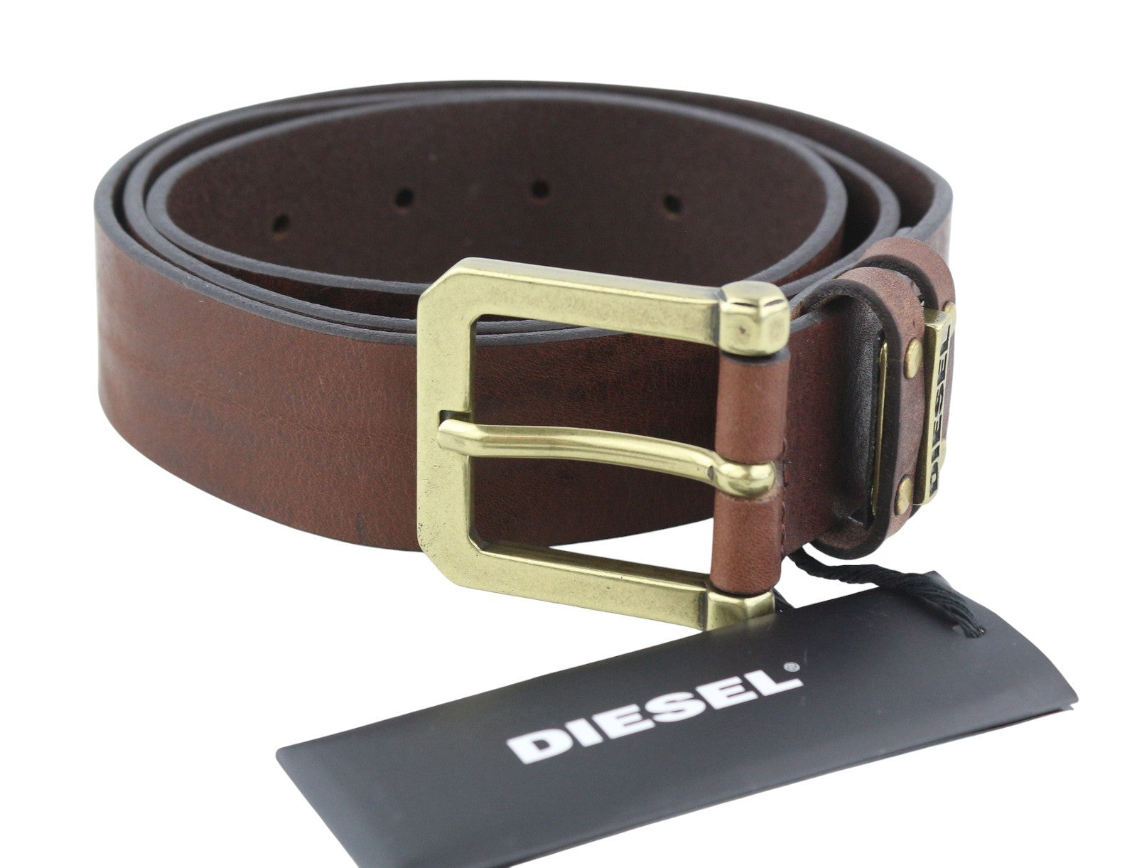 DIESEL B-And Men Belt 95 CM Dark Brown Leather Gold Tone Buckle Casual Logo