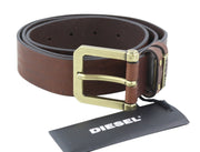 DIESEL B-And Men Belt 95 CM Dark Brown Leather Gold Tone Buckle Casual Logo