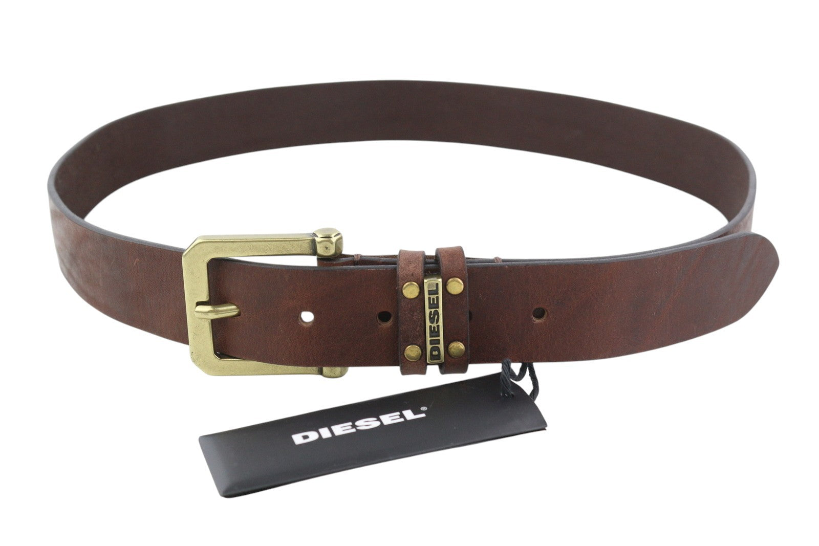 DIESEL B-And Men Belt 95 CM Dark Brown Leather Gold Tone Buckle Casual Logo