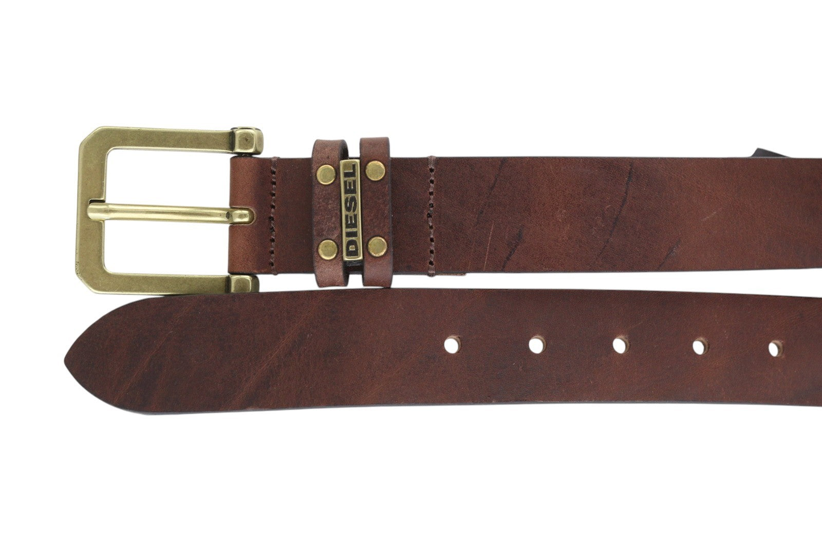 DIESEL B-And Men Belt 95 CM Dark Brown Leather Gold Tone Buckle Casual Logo