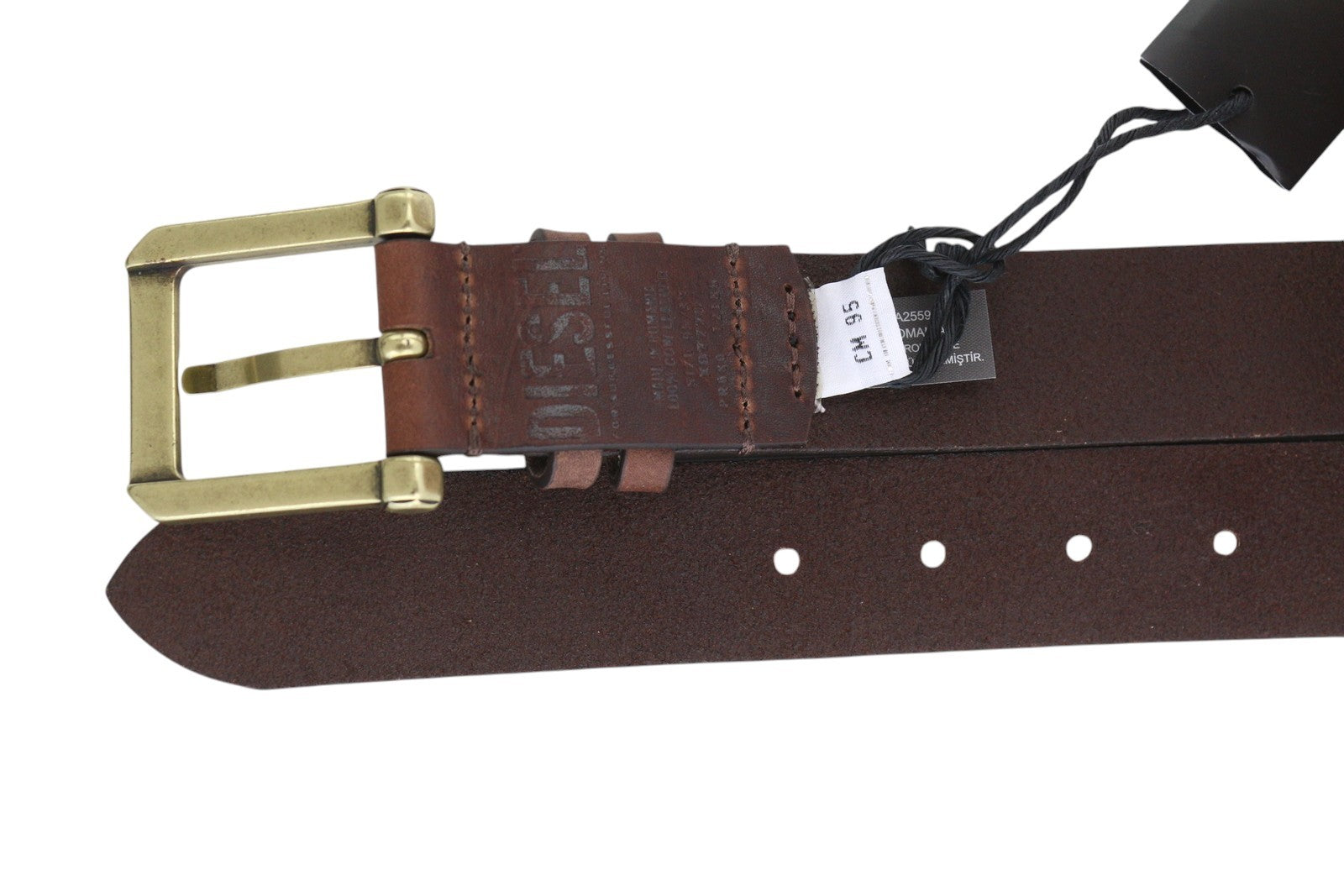 DIESEL B-And Men Belt 95 CM Dark Brown Leather Gold Tone Buckle Casual Logo