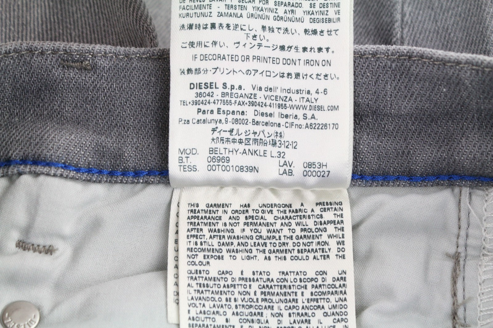 DIESEL Belthy-Ankle 0853H Womens Jeans W24/L32 Slim Straight Grey Distressed