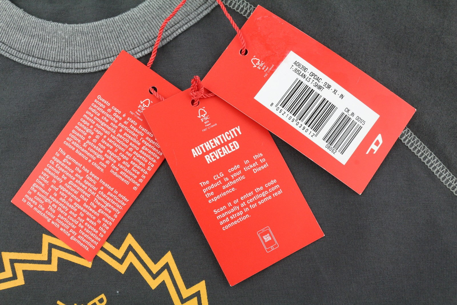 DIESEL T-Juslan-LS Men T-Shirt XL Grey Cotton Long Sleeve Crew Neck RRP€100