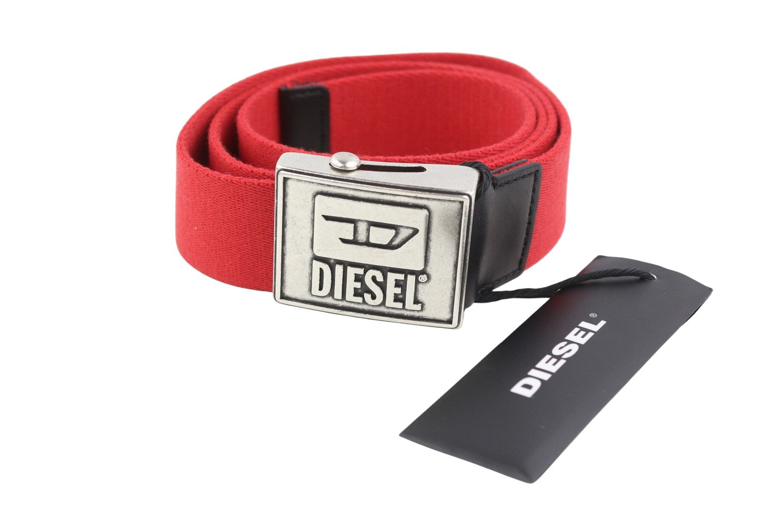 DIESEL B-Metaltape Men Belt 95CM Mid Red Textile Silver Tone Plate Buckle Logo
