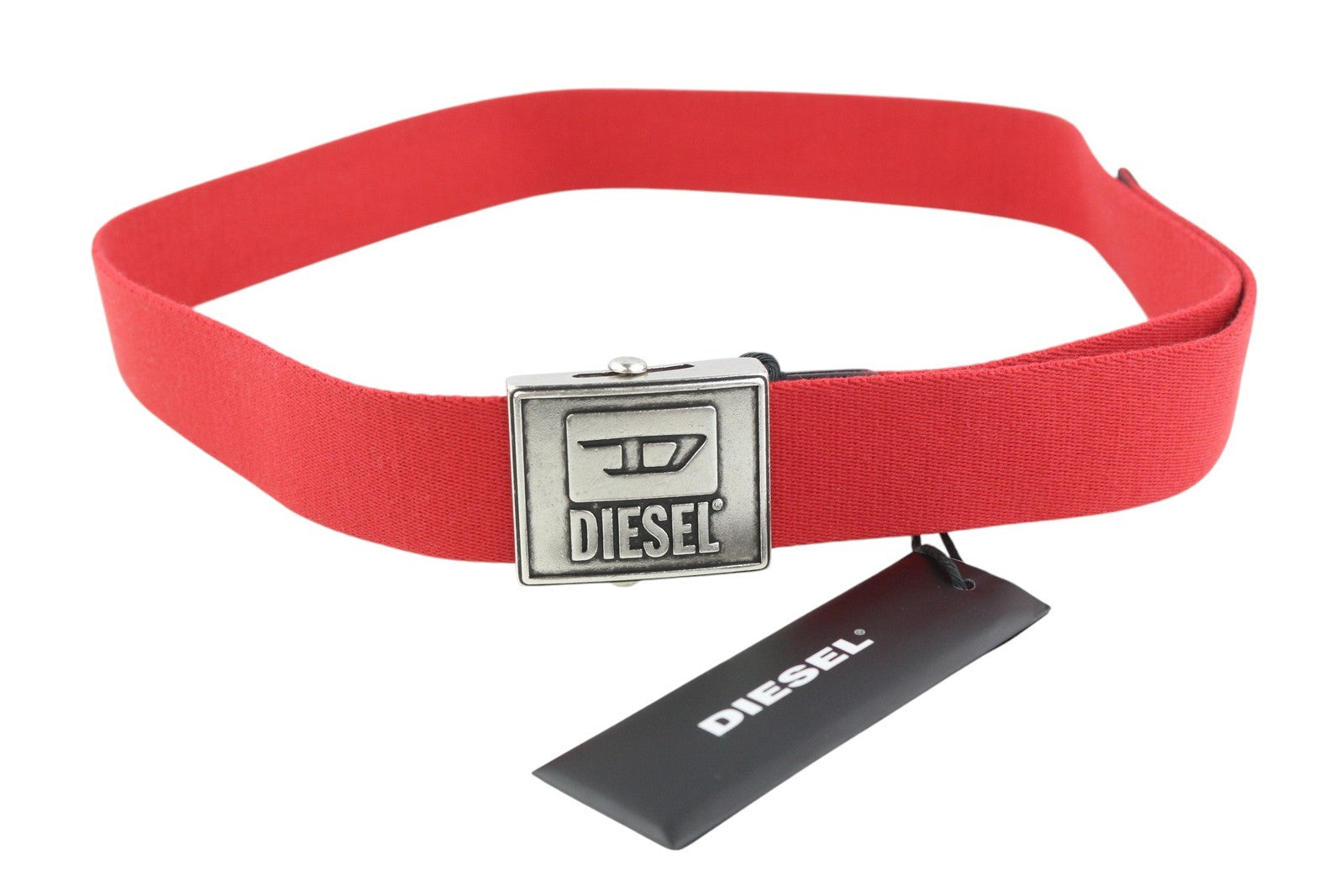 DIESEL B-Metaltape Men Belt 95CM Mid Red Textile Silver Tone Plate Buckle Logo