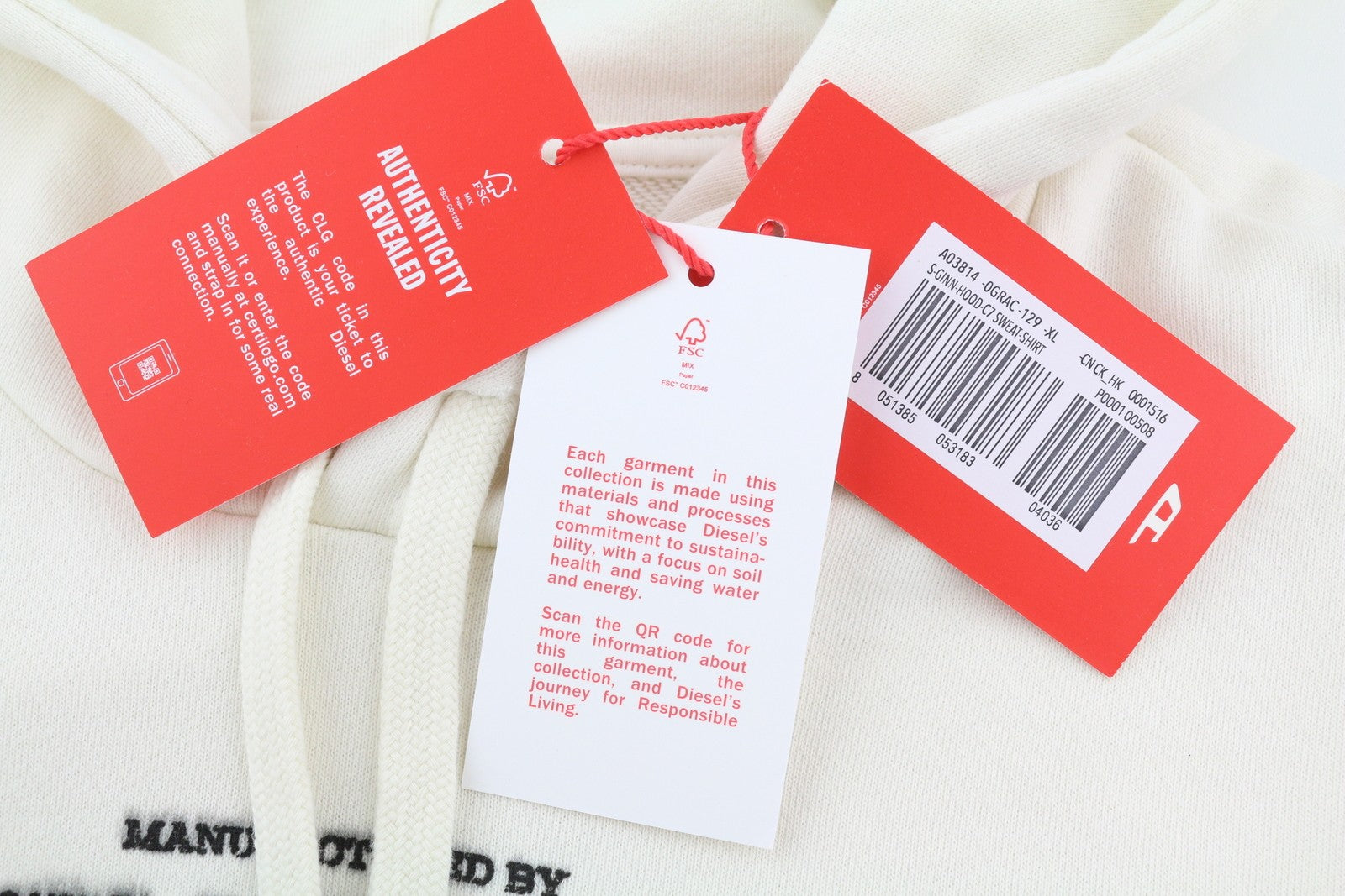 DIESEL S-Ginn-Hood-C7 Men Hoodie XL Off White Pullover Kangaroo Pocket RRP€150