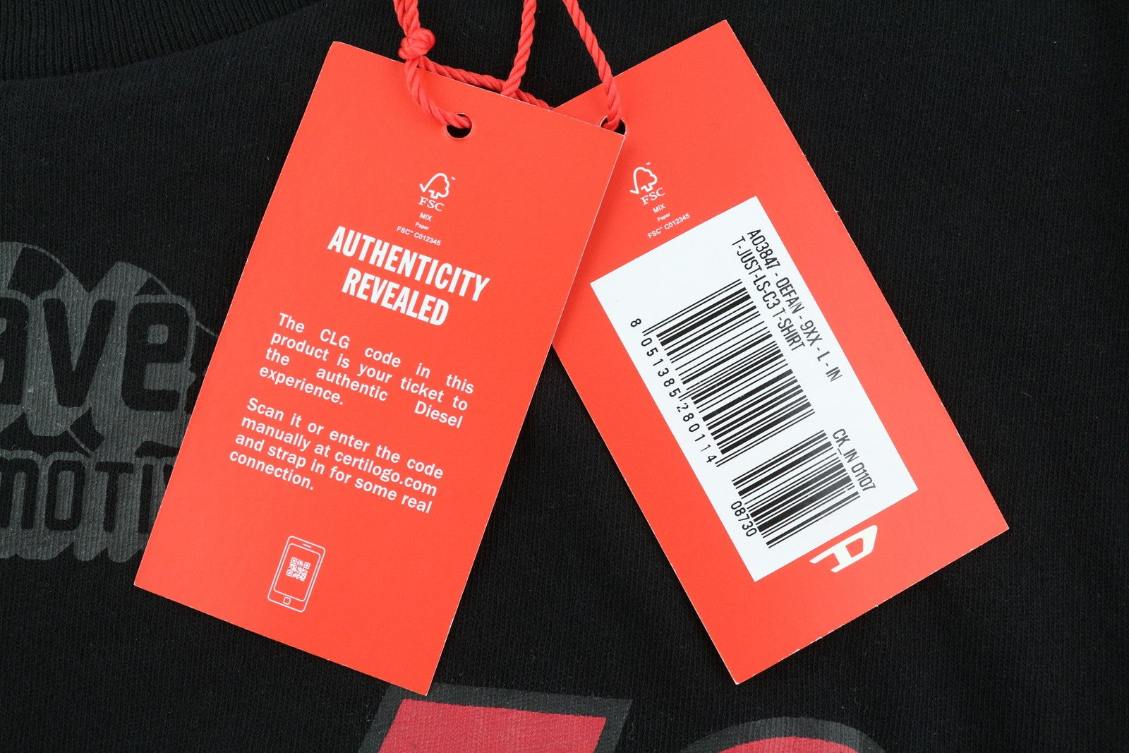 DIESEL T-Just-LS-C3 Men T-Shirt L Black Cotton Crew Neck Long Sleeve