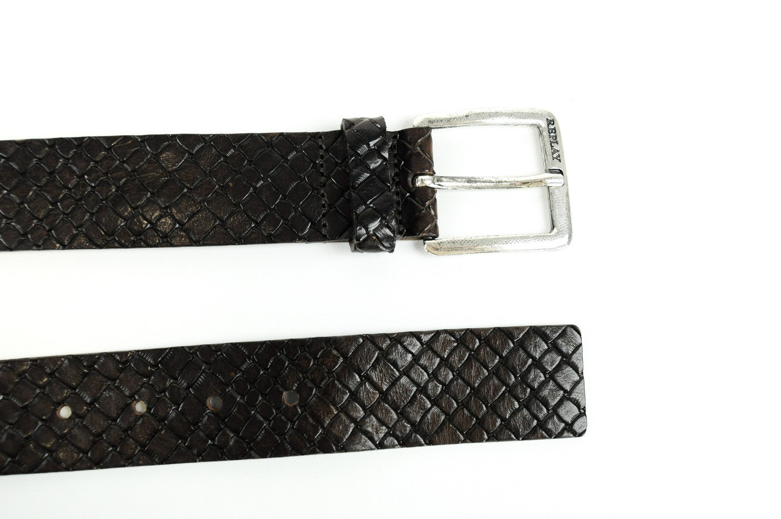 REPLAY Men Belt 85 cm Brown Leather Logo Patterned Squared-End Belt