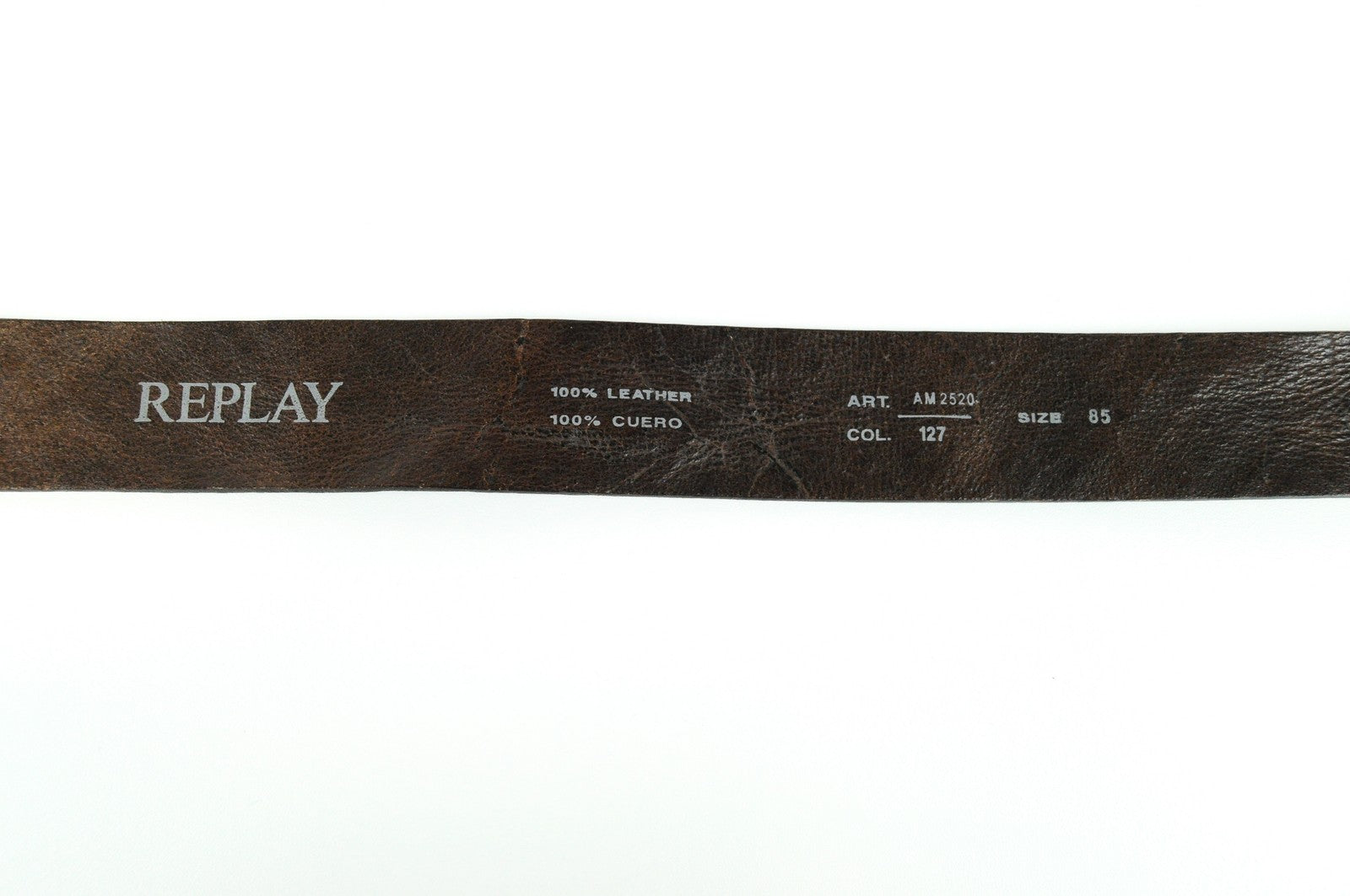 REPLAY Men Belt 85 cm Brown Leather Logo Patterned Squared-End Belt