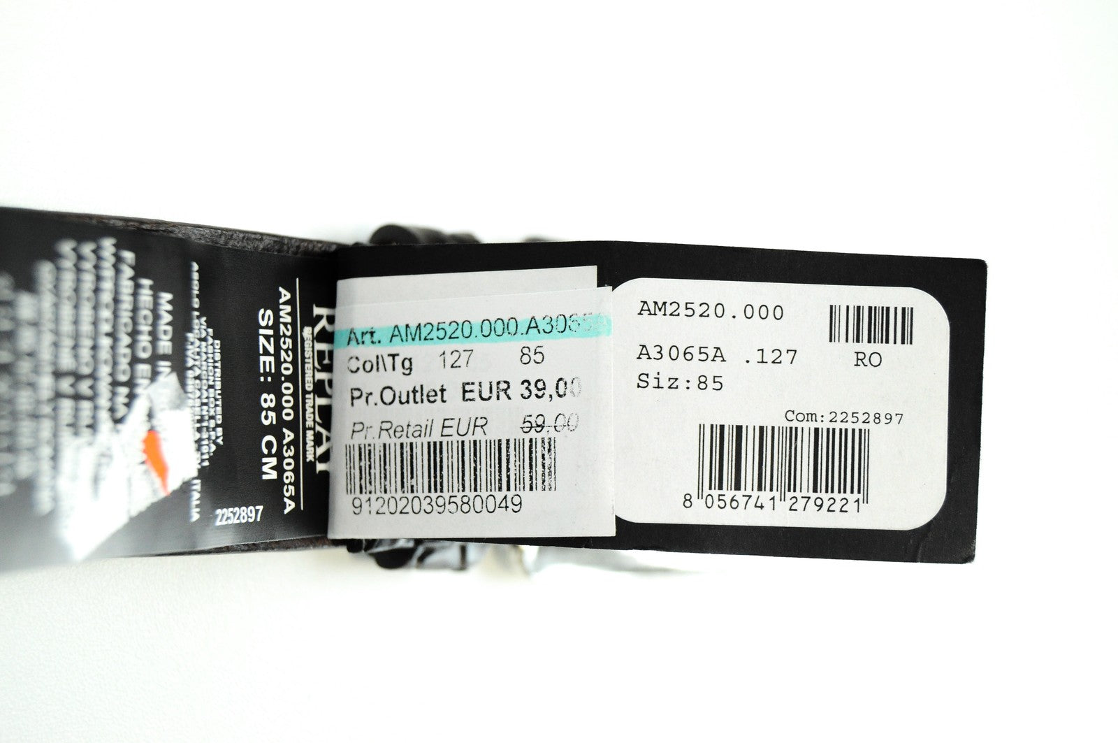 REPLAY Men Belt 85 cm Brown Leather Logo Patterned Squared-End Belt