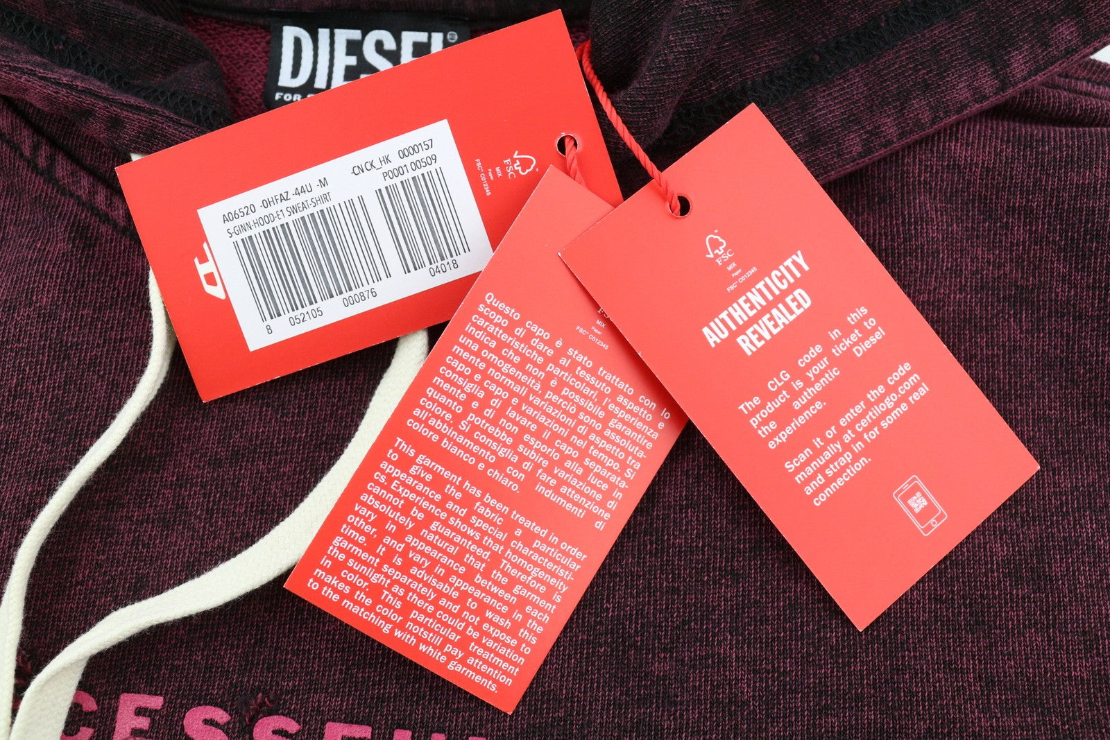 DIESEL S-Ginn-Hood-E1 Men Hoodie M Washed Burgundy Distress Hooded RRP€195