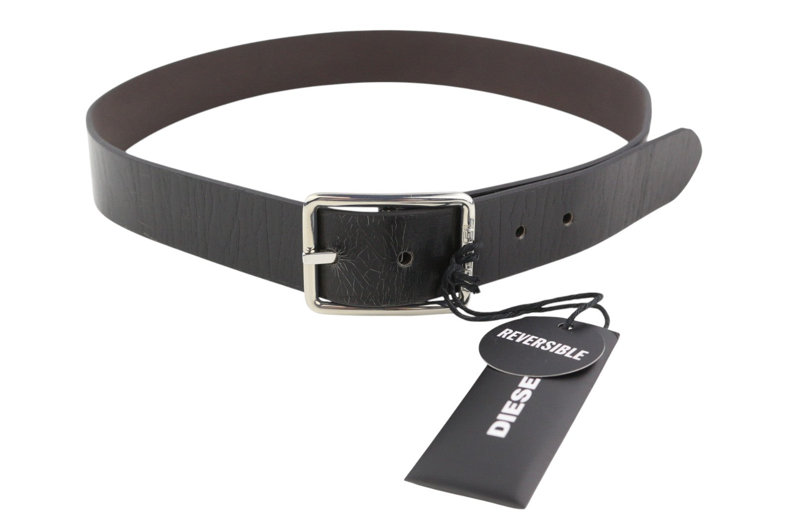 DIESEL B-Photo Men's Belt 95 CM Black Leather Silver Tone Buckle Reversible Logo
