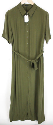 DENHAM Roxanne Women's L Green Belted Long Dress Button-Up Collared Short Sleeve