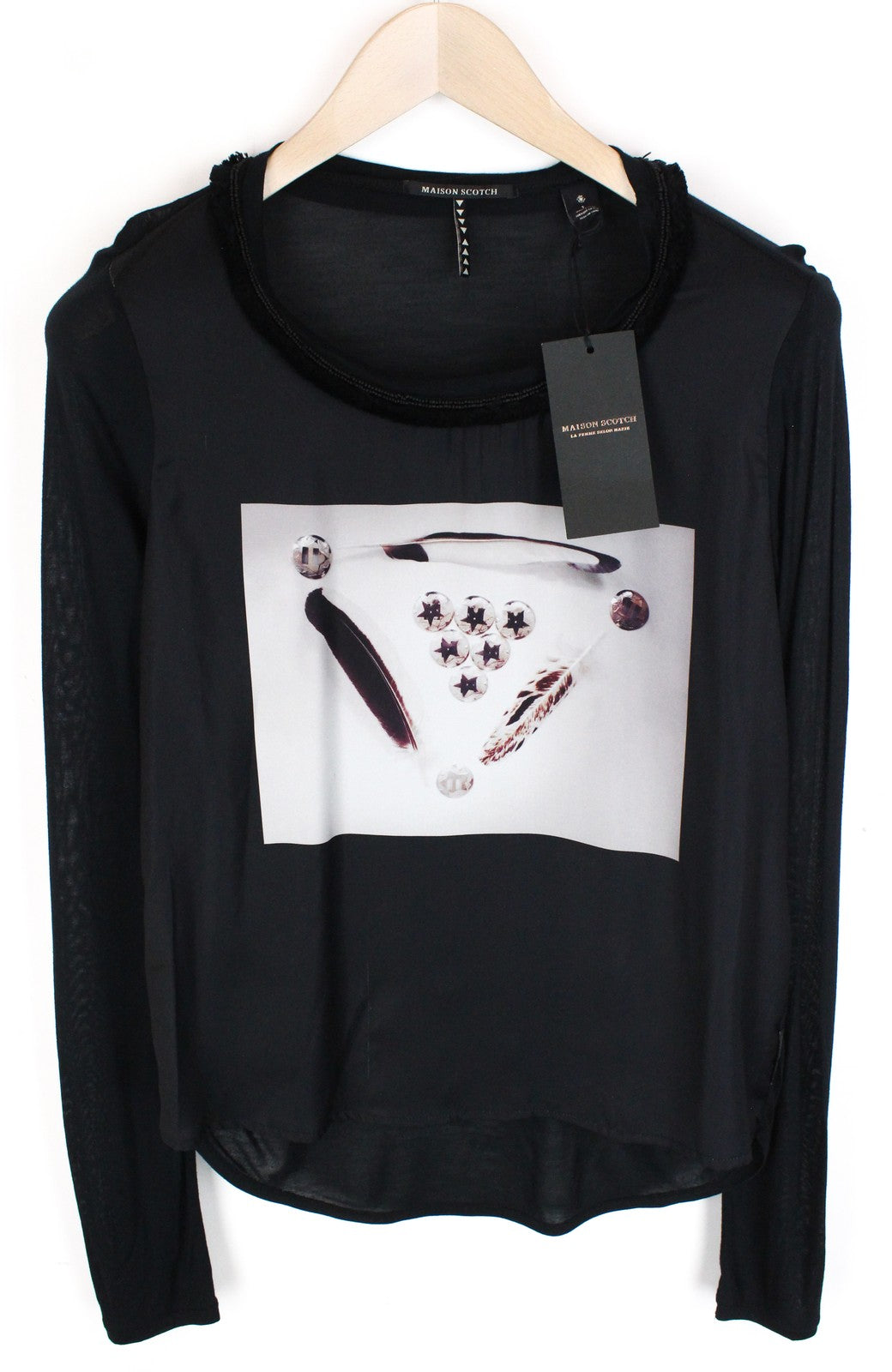 MAISON SCOTCH Women's S Black Abstract Print Light Casual Top Round Neckline