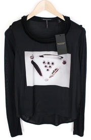 MAISON SCOTCH Women's S Black Abstract Print Light Casual Top Round Neckline