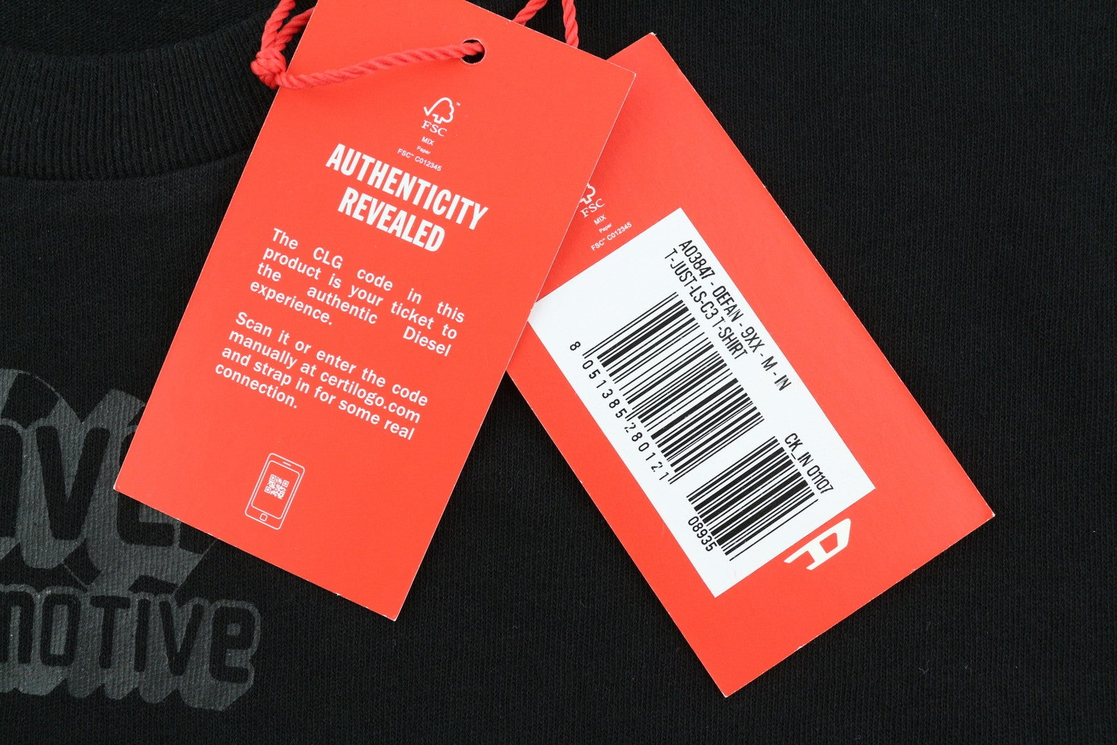 DIESEL T-Just-LS-C3 Men T-Shirt M Black Cotton Crew Neck Long Sleeved