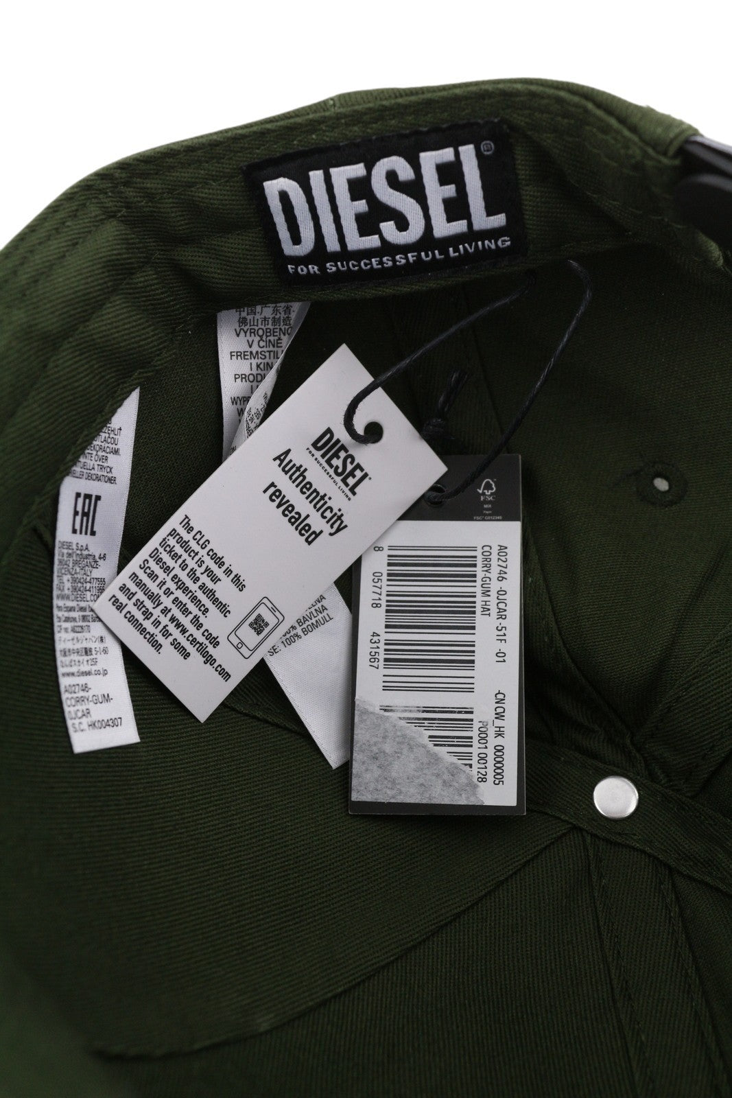 DIESEL Corry-Gum Men Cap 1 Baseball Green Cotton Front Logo All Seasons RRP70