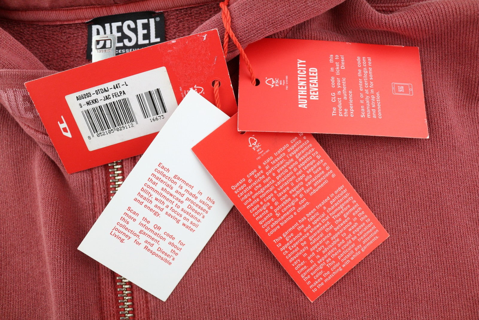 DIESEL S-Nekki-Jac Men Hoodie L Washed Red Full Zip Oversized Hooded RRP€250