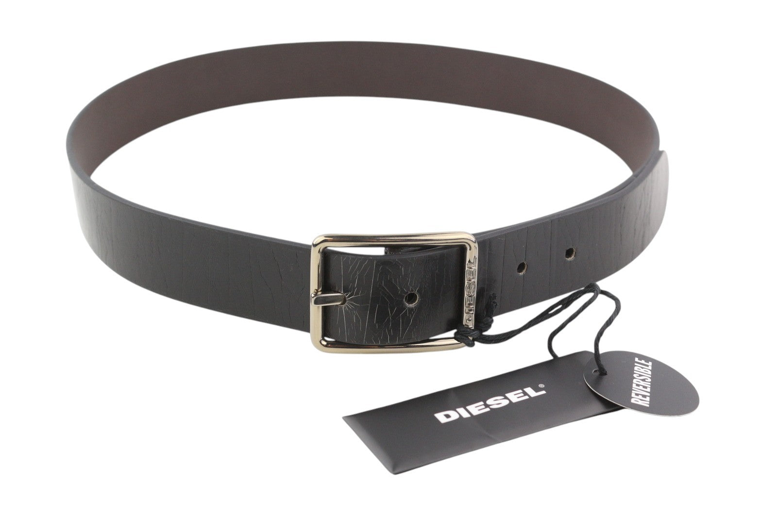 DIESEL B-Photo Men Belt 95 CM Reversible Leather Silver Tone Buckle Closure Dark