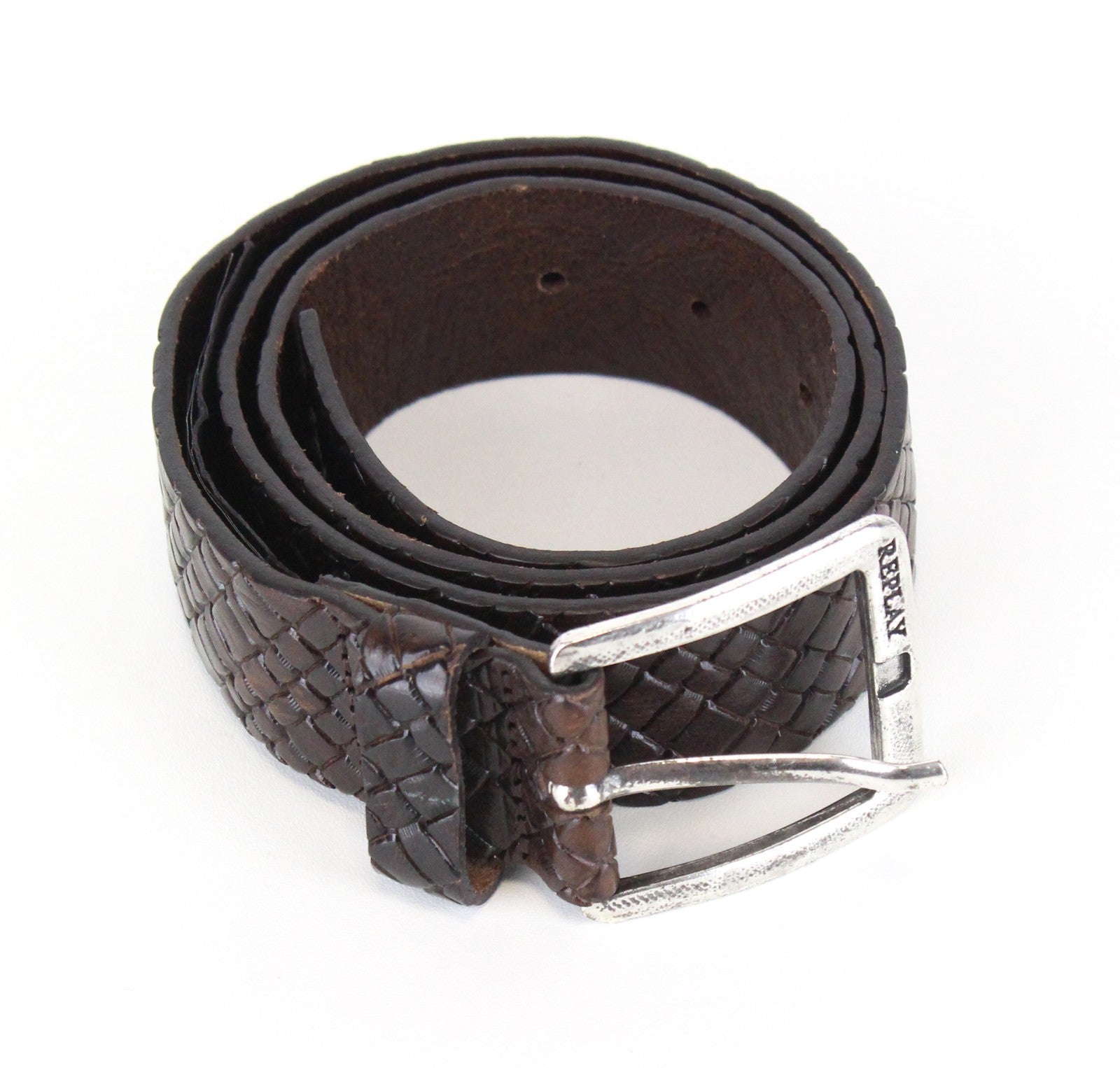 REPLAY Men's 85 CM Brown Pure Leather Belt Aged Look Metal Buckle Casual