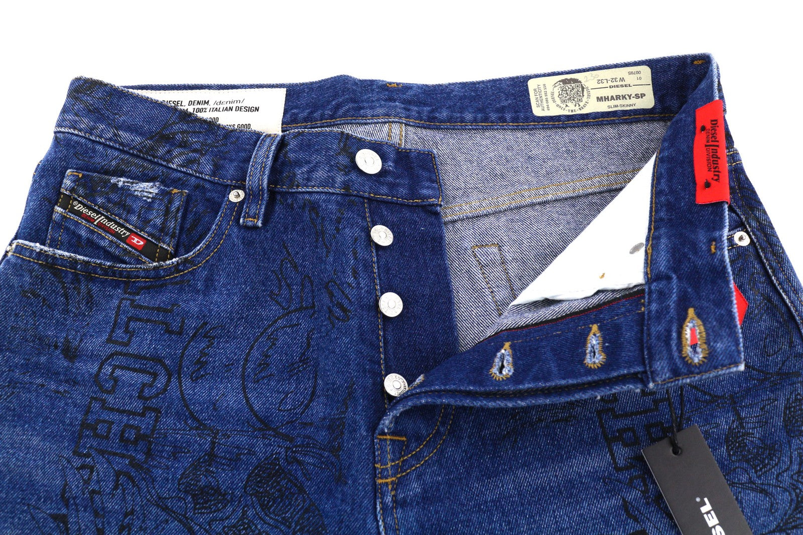 DIESEL Mharky-SP 0078S Mens Jeans W32/L32 Slim Skinny Blue  Cotton Printed