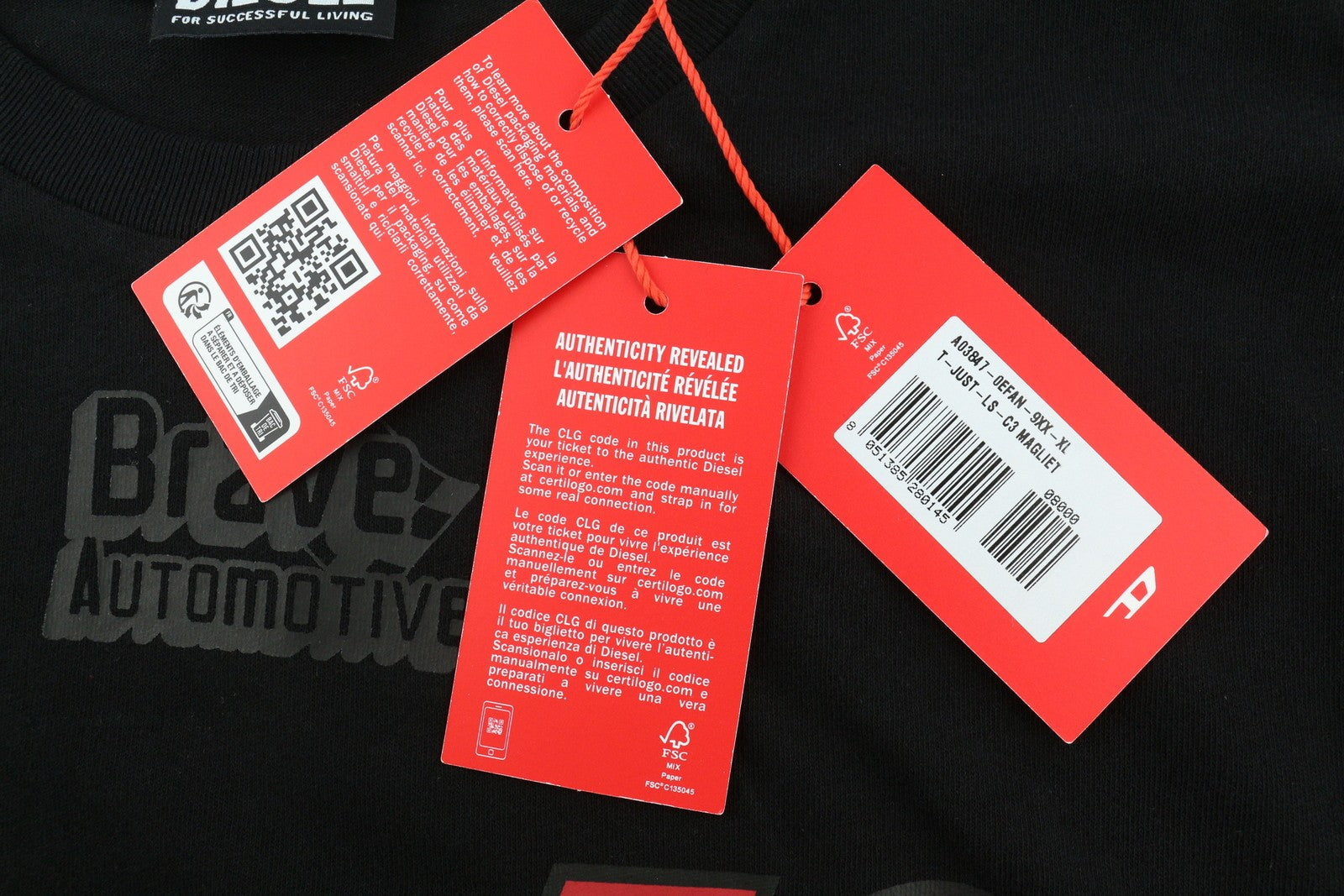 DIESEL T-Just-LS-C3 Men T-Shirt XL Black Cotton Crew Neck Long Sleeve RRP€70