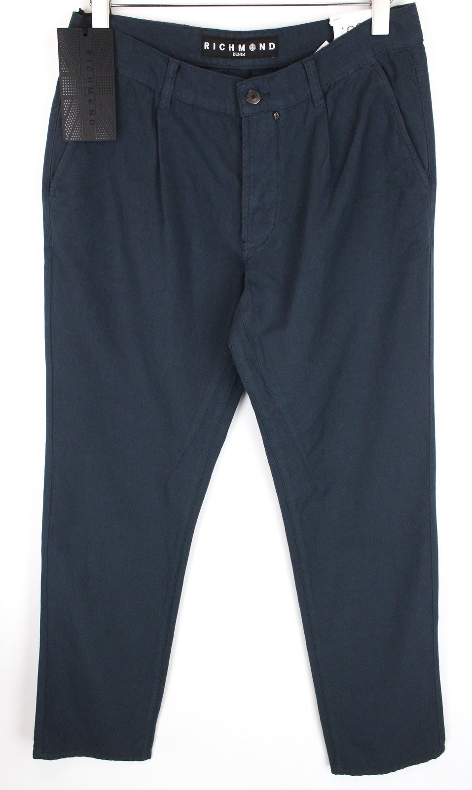 RICHMOND Men's 48 Blue Loose Fit Cotton Linen Pleated Front Casual Trousers