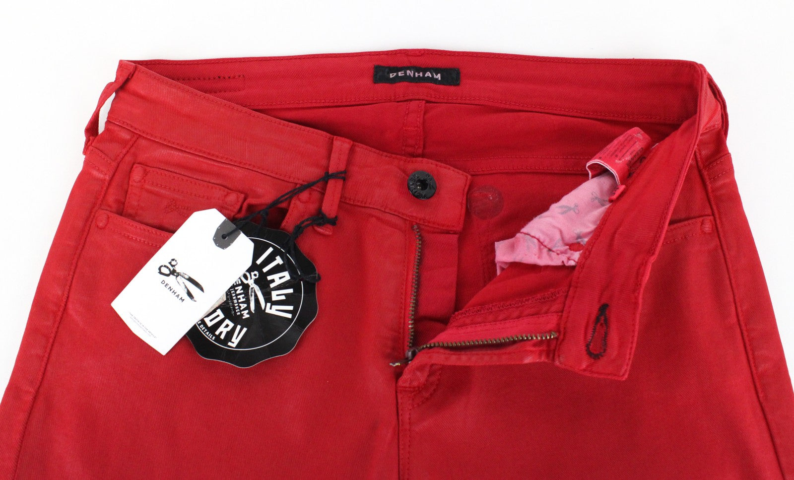 DENHAM Cleaner Women's W25/L34 Red Coated Waxed Stretch Slim Fit Jeans