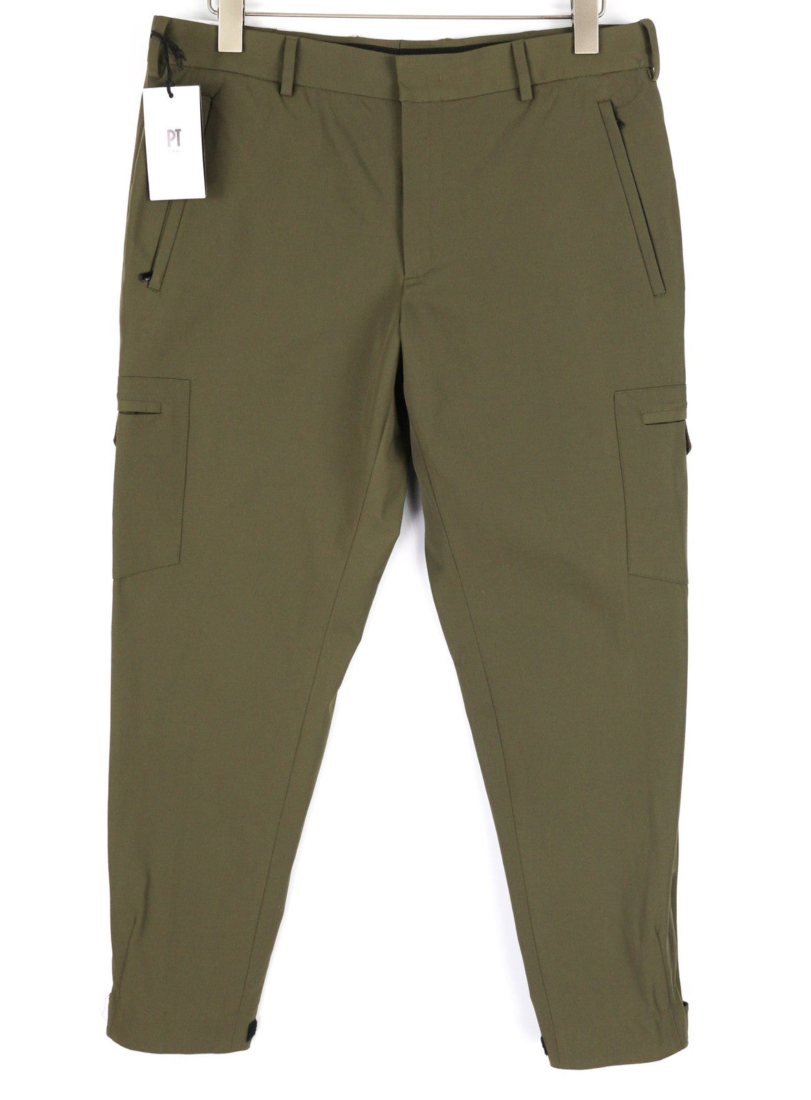 PT TORINO Gamma Men Trousers 50 W35 Khaki Stretch Zipper Pockets Slim Fit Cargo