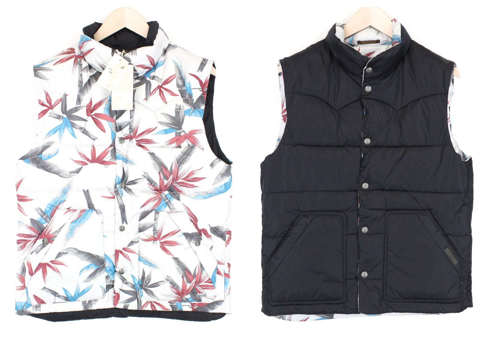 SCOTCH & SODA Men's L Reversible Leaf Print Puffer Vest Snap Closure Short