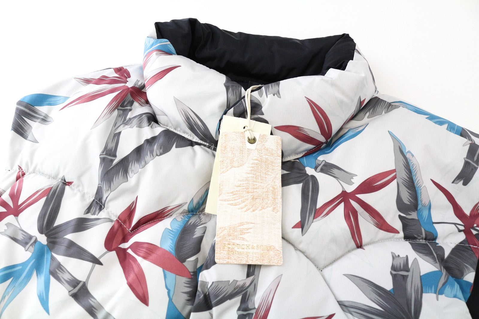 SCOTCH & SODA Men's L Reversible Leaf Print Puffer Vest Snap Closure Short