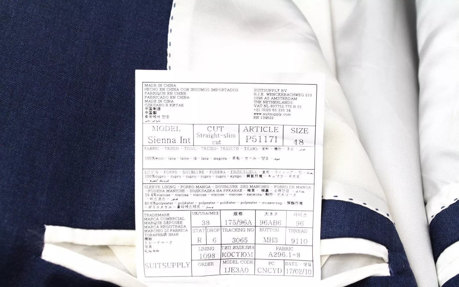 SUITSUPPLY Sienna Men Blazer UK38R Straight-Slim Blue Wool Super 130s