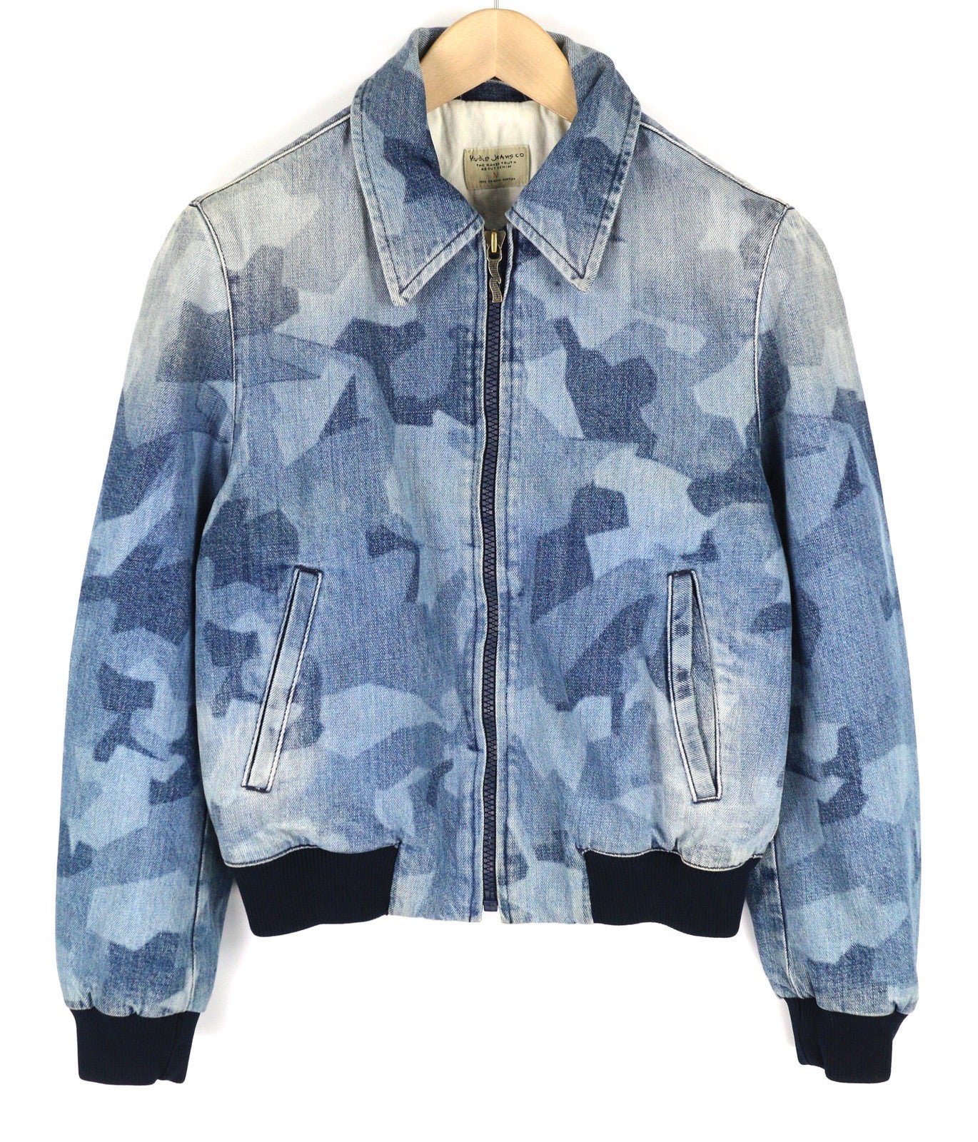 NUDIE Gudrun Women Jacket M Camo Denim Cotton Zipper Lined Washed Blue Pockets