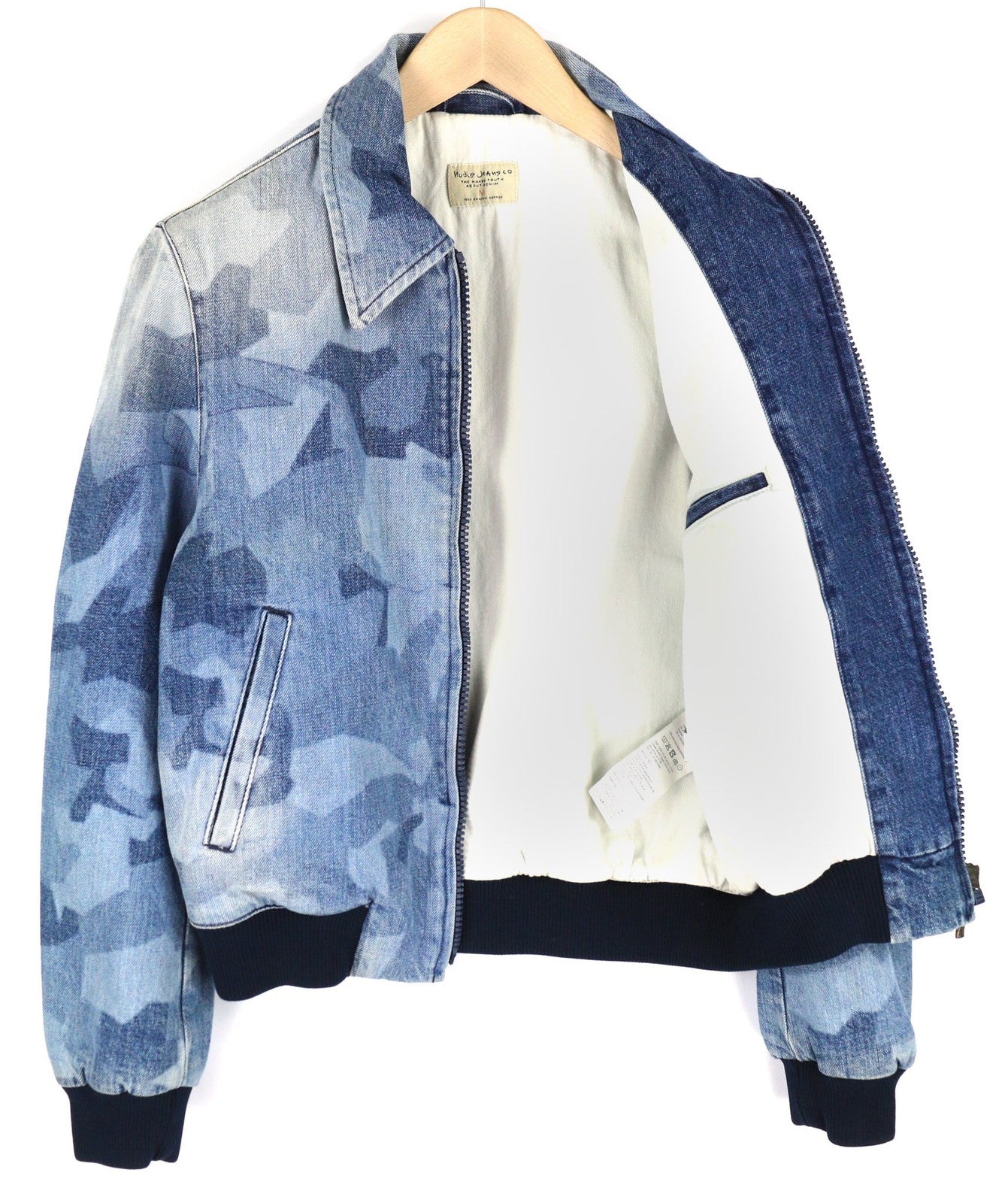 NUDIE Gudrun Women Jacket M Camo Denim Cotton Zipper Lined Washed Blue Pockets