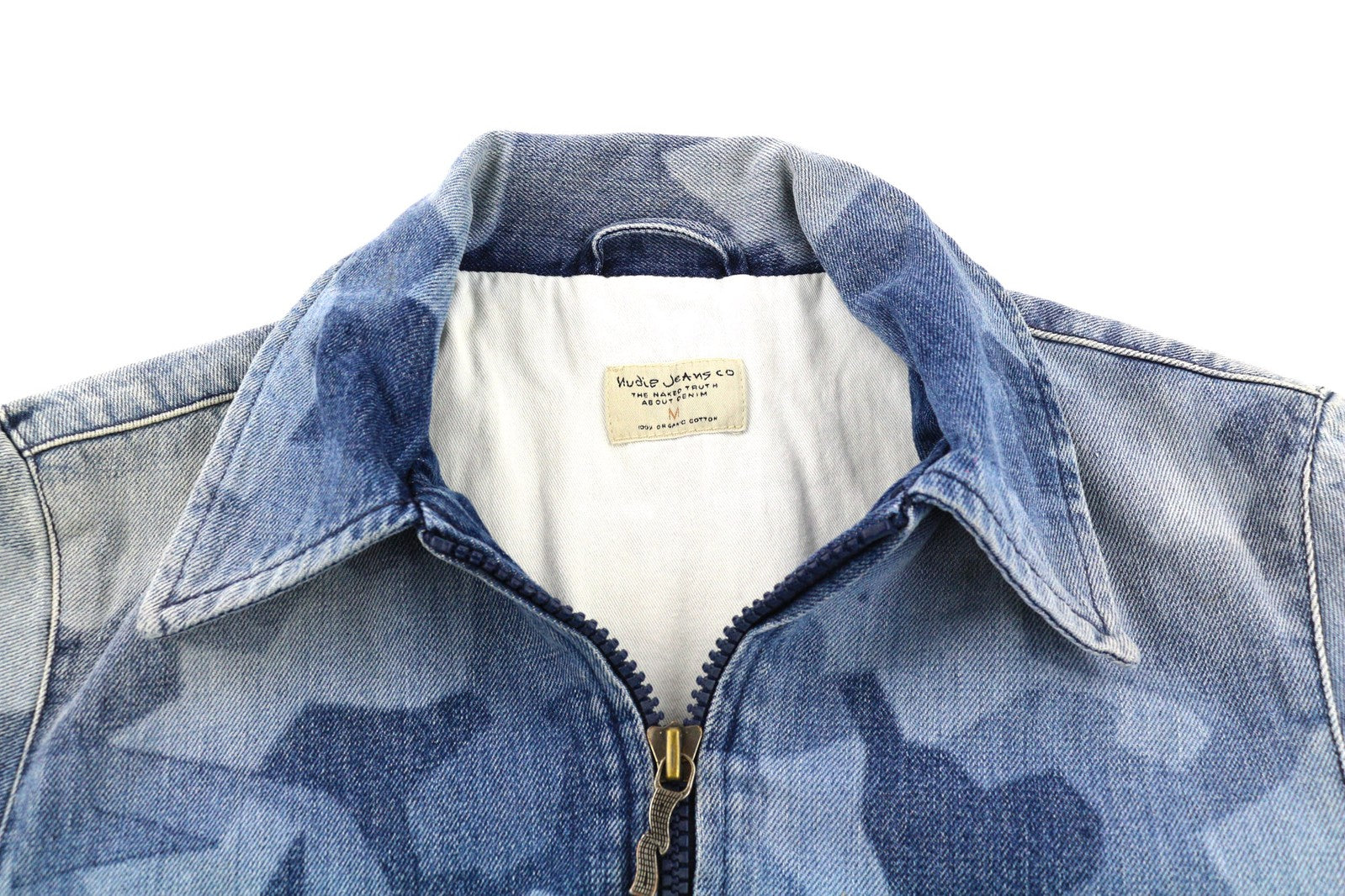 NUDIE Gudrun Women Jacket M Camo Denim Cotton Zipper Lined Washed Blue Pockets
